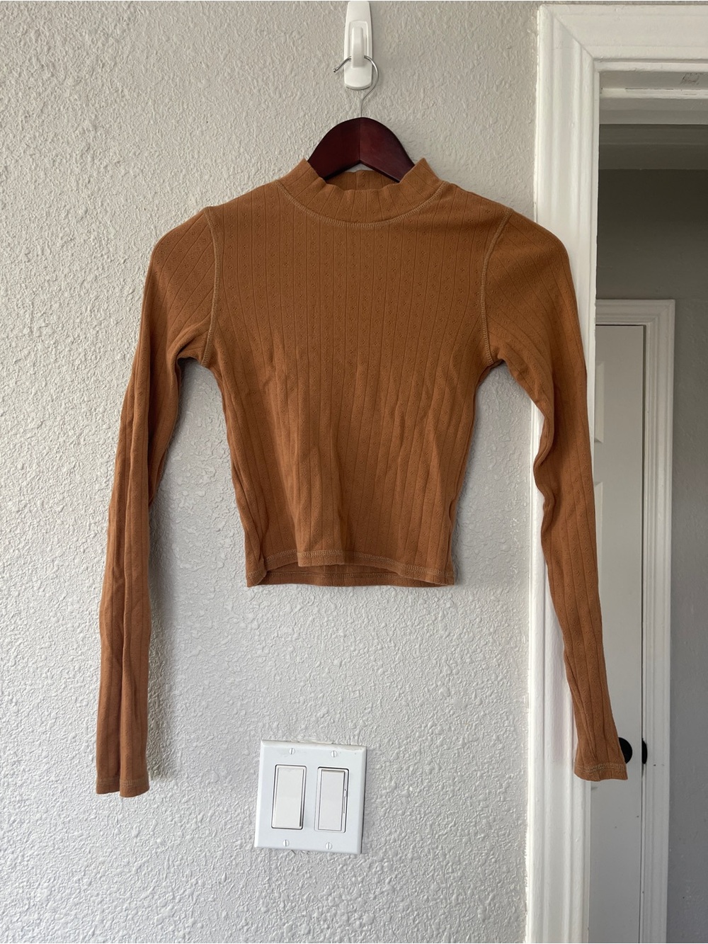 American Eagle Soft & Sexy Ribbed Mock Neck Long Sleeve Crop Top Brown Women XS